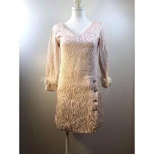 Vintage 60s Feather Cuff Brocade MOD Cocktail Dress Buttons The Collection Small